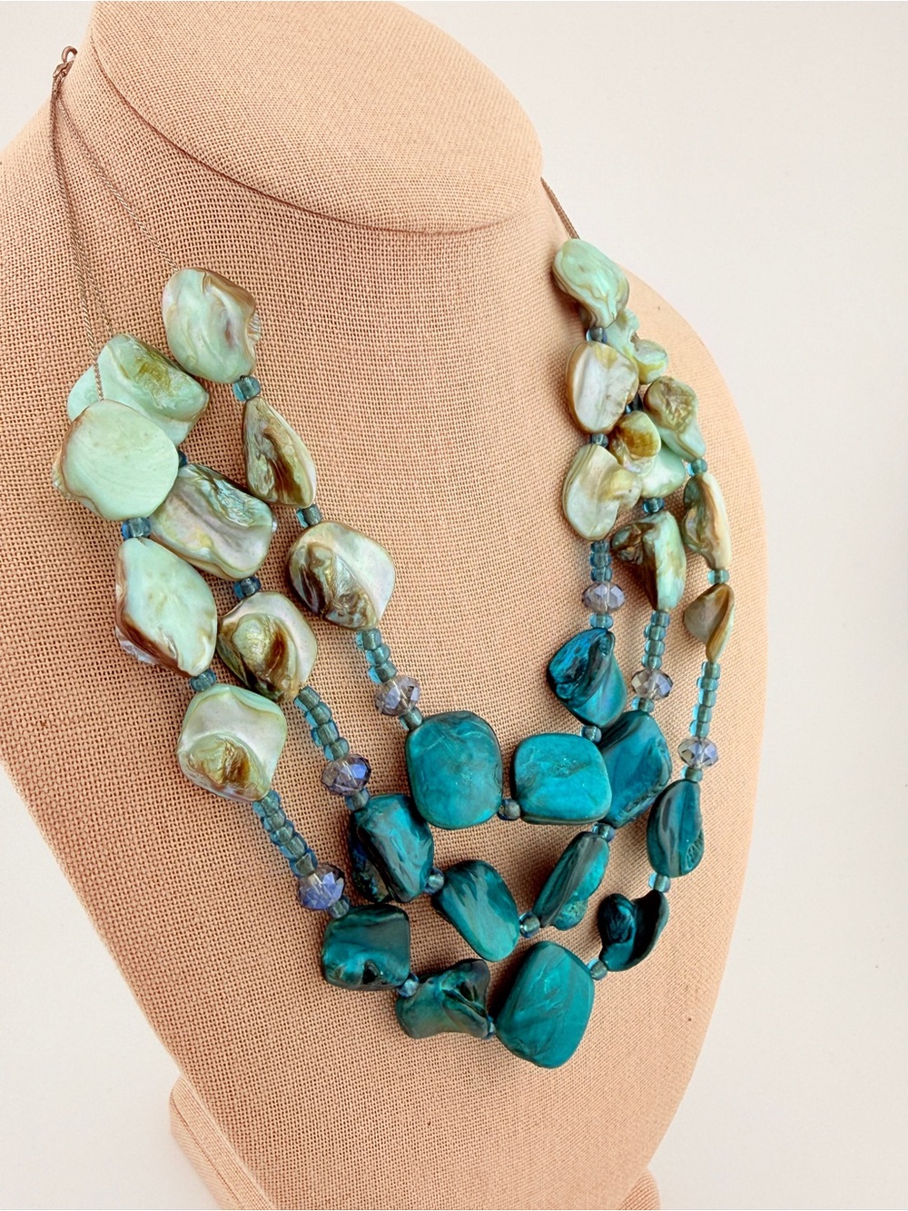Teal & Seafoam Green 3-Strand Mother of Pearl Shell Necklace - Picture 2 of 7